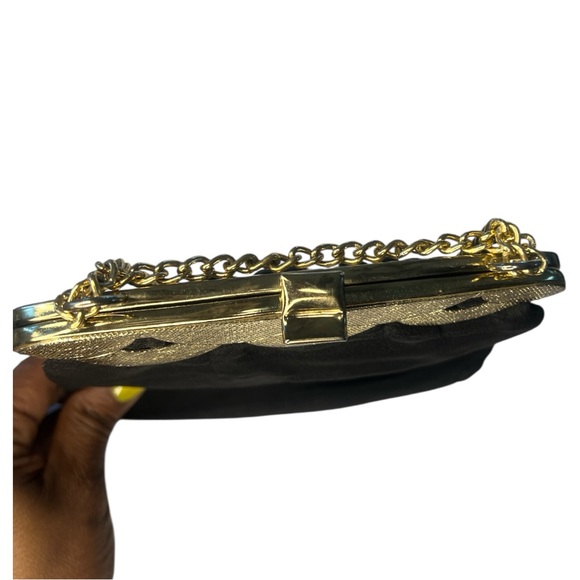 Harry Levine Handbag Black Satin Scallop Framed Satchel Chain Strap Purse - Picture 5 of 7